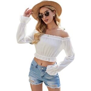 off the shoulder white ruffle top